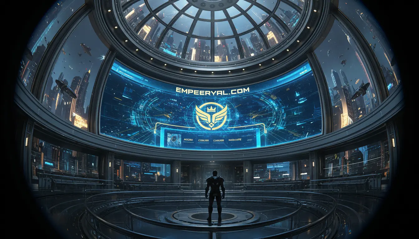 A person in a futuristic room views large screens displaying "EMPEERYAL.COM" and digital info, with a city and flying vehicles outside.