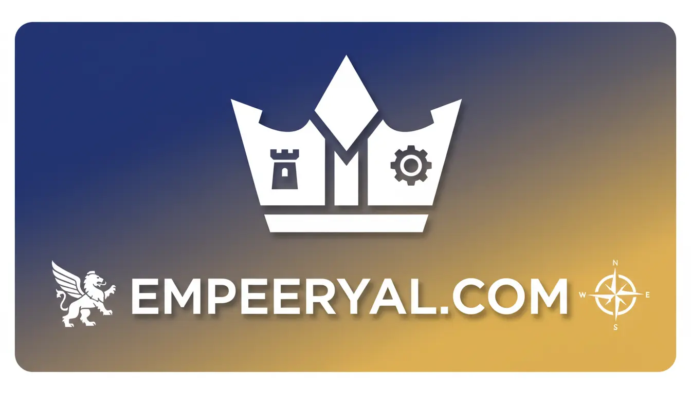Blue to gold gradient. White crown logo with castle & gear. Text "EMPEERYAL.COM" flanked by a winged lion & compass rose.