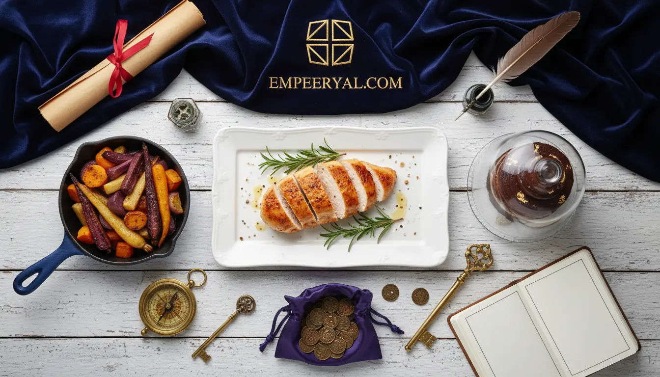 Food spread: sliced chicken, roasted carrots, chocolate dessert. Surrounded by scroll, compass, keys, coins, and 'EMPEERYAL.COM' on velvet.