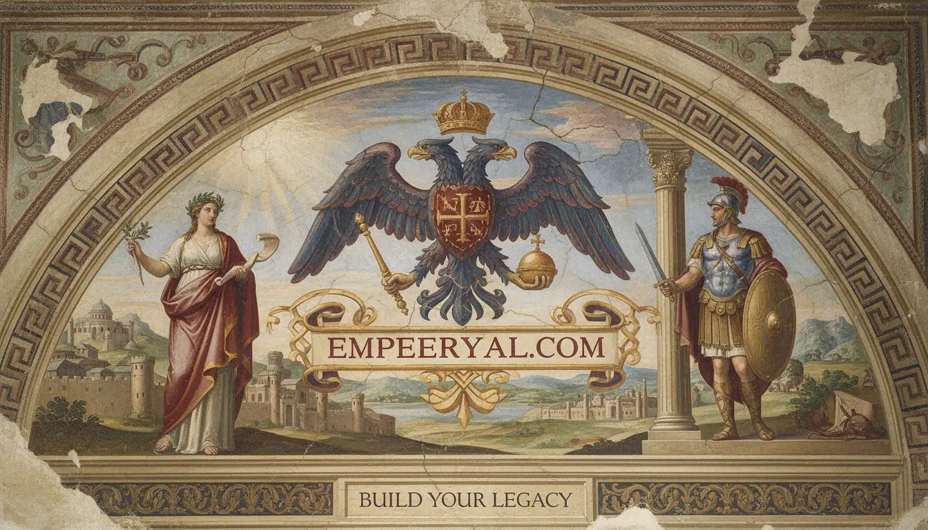 Roman-style fresco: double-headed eagle, robed woman with scroll, Roman soldier. Text: EMPEERYAL.COM and BUILD YOUR LEGACY.