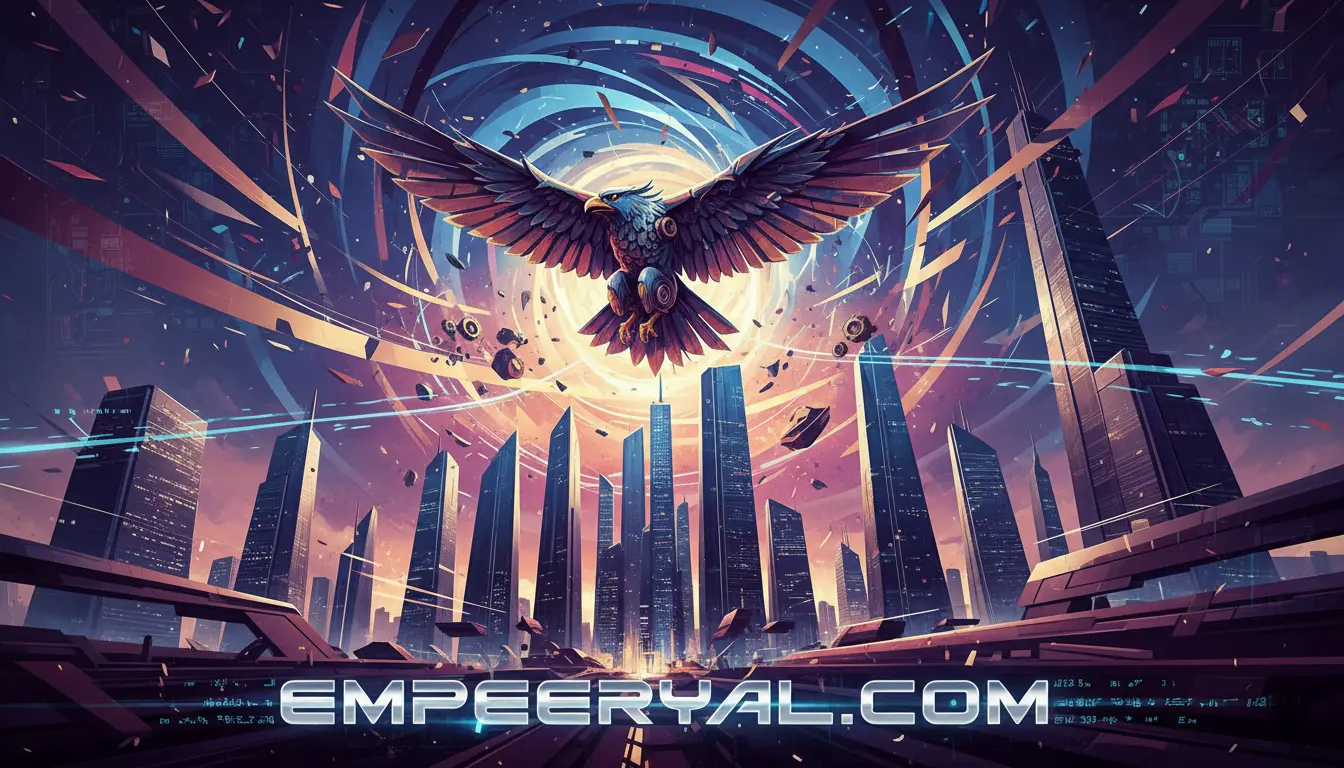 Cybernetic eagle soaring over a futuristic cityscape with tall skyscrapers & an abstract vortex of light. Text: EMPEERYAL.COM