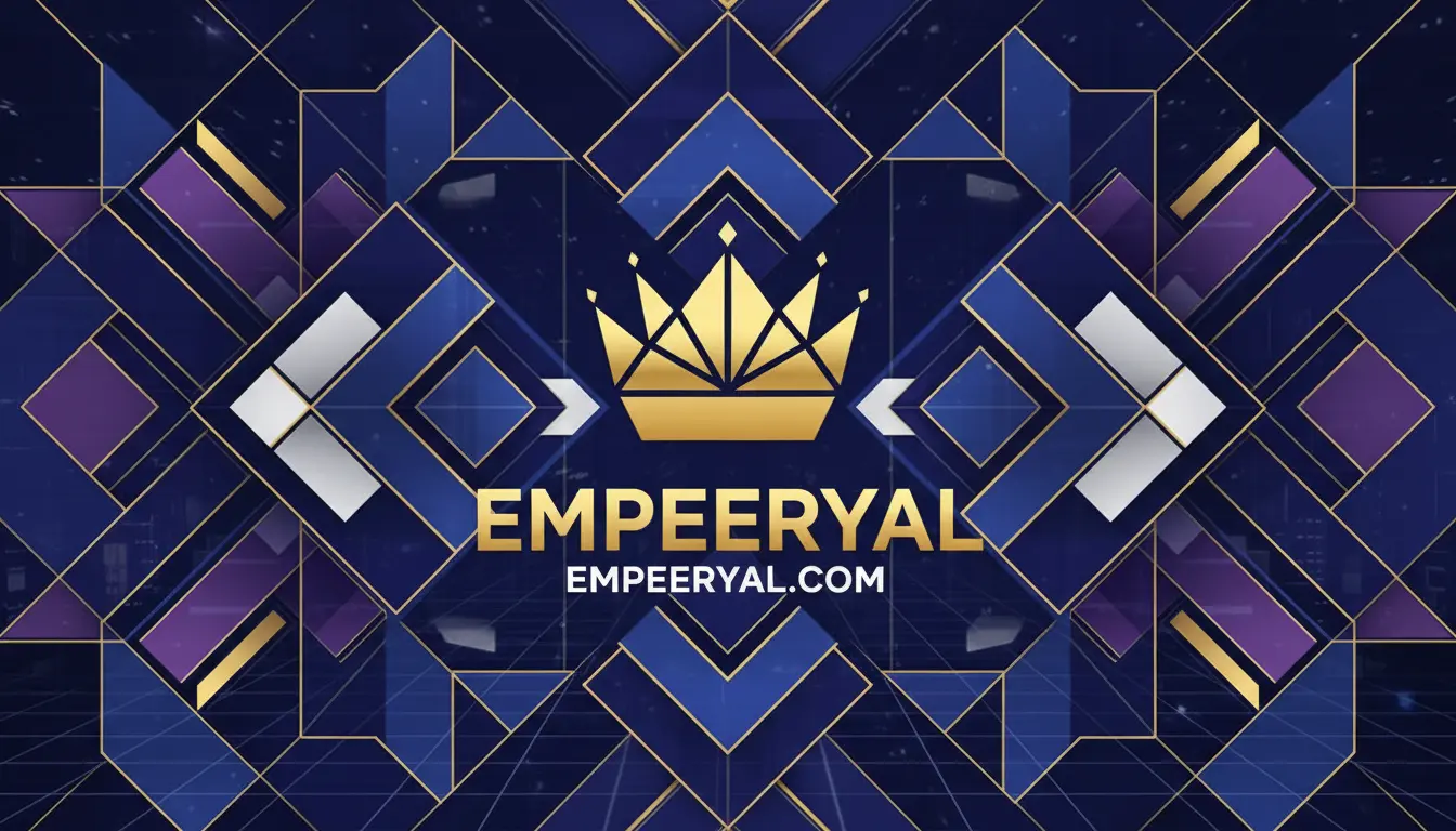 Golden Empeeryal crown logo and text on a dark blue, purple, gold, and white geometric abstract background.