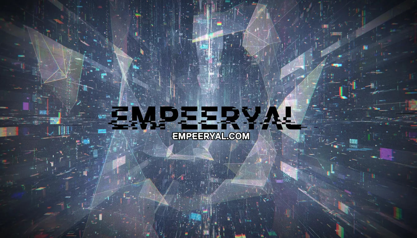 Glitch art background with geometric shapes. Central text: distorted "EMPEERYAL" over "EMPEERYAL.COM".