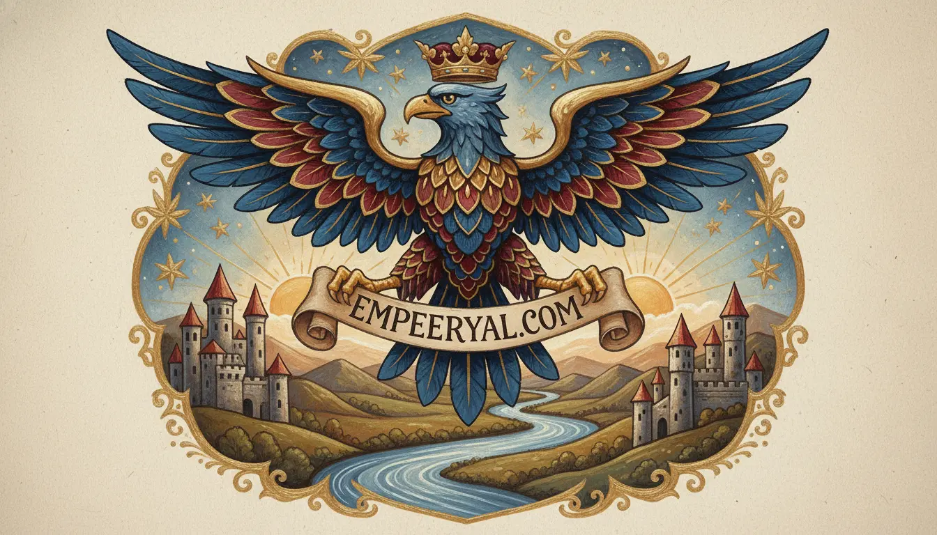 Ornate emblem: Crowned blue/red eagle, "EMPEERYAL.COM" banner, castles, river, sun, stars in a detailed frame.