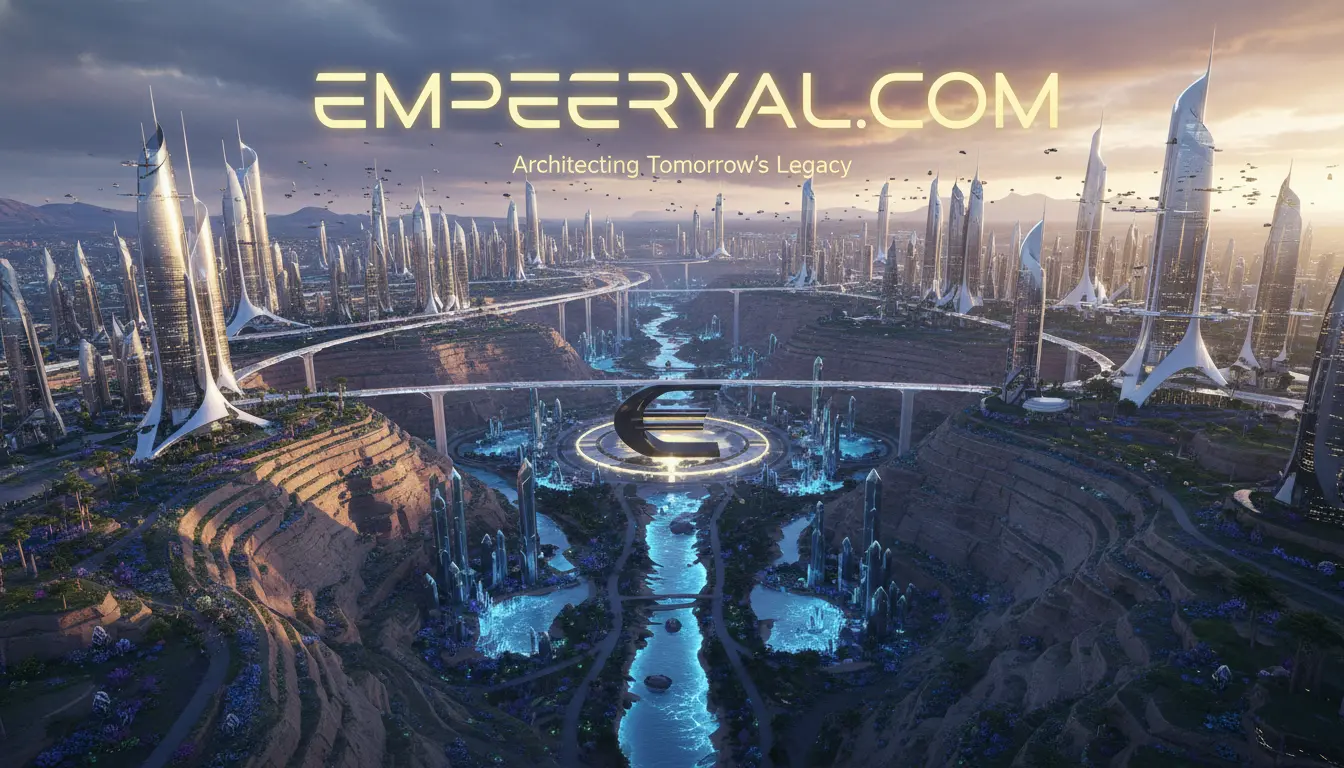 EMPEERYAL.COM: A futuristic city in canyons, with sleek skyscrapers, a glowing blue river, and a large 'E' symbol.