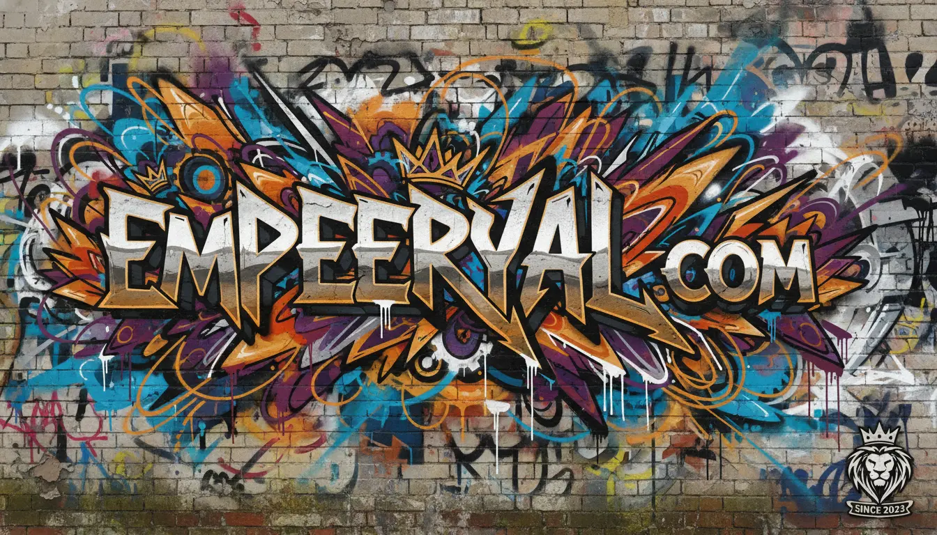 Vibrant graffiti with "EMPEERVAL.COM" in metallic 3D letters, a crown, and abstract shapes on a brick wall.
