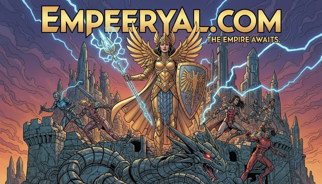 Epic comic art: Golden winged warrior with spear, shield, mechanical dragon, and allies in a sci-fi city under lightning. EMPEERYAL.COM