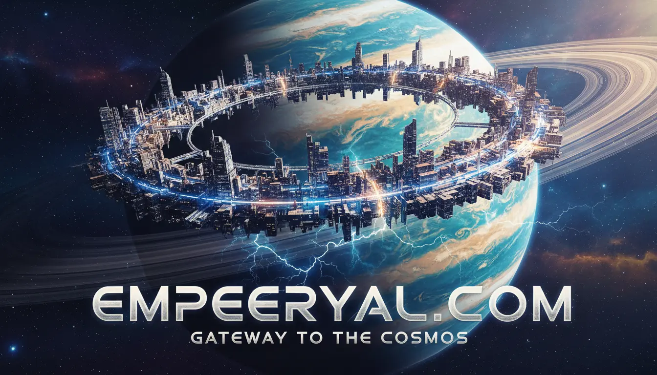 Futuristic city ring with blue lights & lightning orbiting a ringed planet. EMPEERYAL.COM, Gateway to the Cosmos.