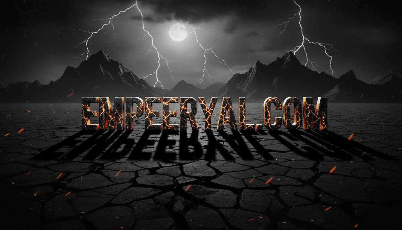 EMPEERYVAL.COM in fiery, cracked letters on dry ground. Dark mountains, full moon, and lightning fill the stormy sky.