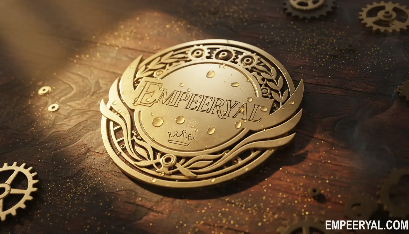 Ornate gold medal with "EMPEERYAL" and water drops on a wooden surface, surrounded by gears and gold dust.