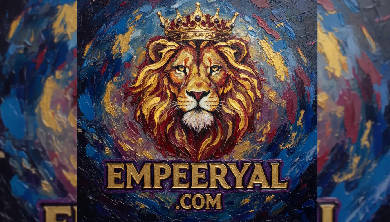 Impasto painting of a golden-maned lion wearing a crown on a dark, swirling background. Text: EMPEERYAL .COM
