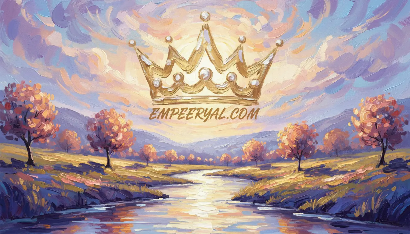 Vibrant oil painting of a sunset landscape with a river, trees, and mountains, featuring a golden crown and 'EMPEERYAL.COM'.