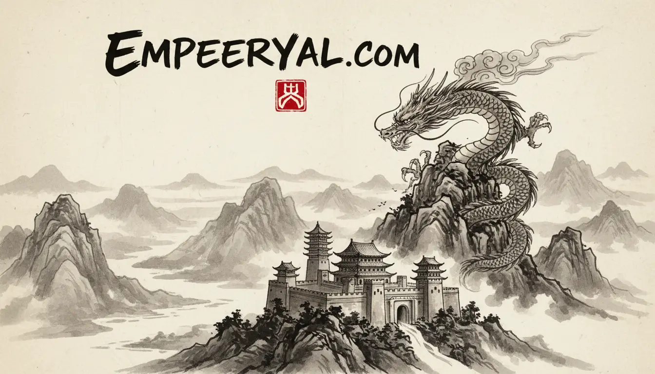 Traditional ink painting of a Chinese dragon on a mountain overlooking an imperial palace. Misty mountains in background. 'EMPEERYAL.COM'.