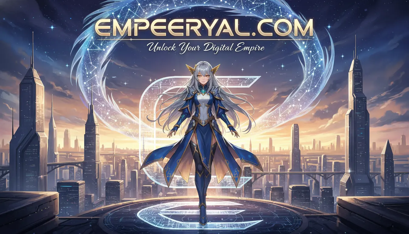 Anime woman in blue armor in a glowing futuristic city. Digital effects, cosmic swirl, and text: EMPEERYAL.COM, Unlock Your Digital Empire.