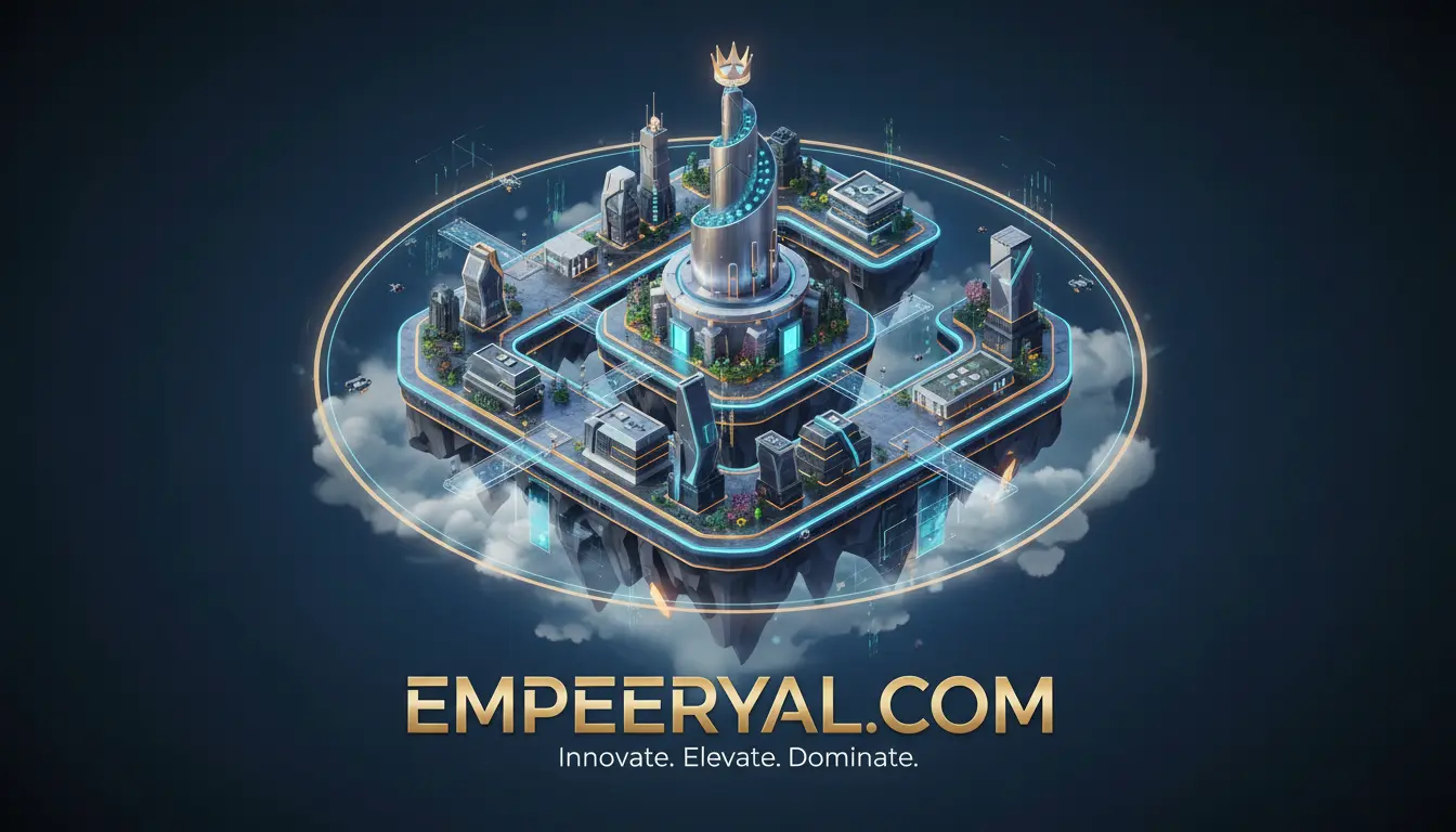 Futuristic floating city: central tower with crown, glowing outlines. Text: EMPEERYAL.COM Innovate. Elevate. Dominate.