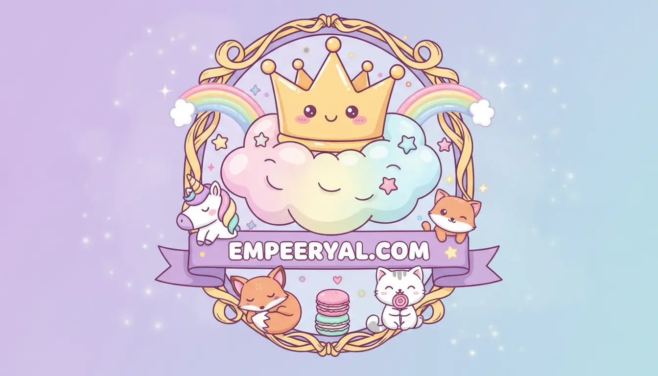 Whimsical logo: Smiling crown on pastel cloud, rainbows, unicorn, foxes, cat, macarons. 'EMPEERYAL.COM' on banner.