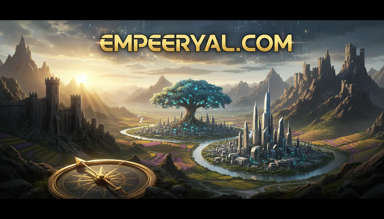 Fantasy panorama: ancient castles contrast with a futuristic city & glowing tree, winding river, and golden compass. EMPEERYAL.COM.