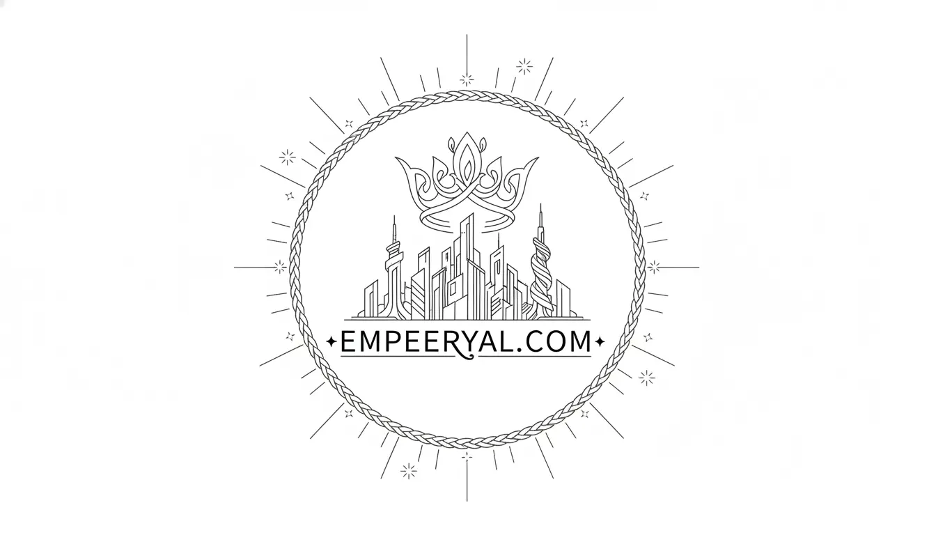 Black and white logo: crown atop a cityscape, "EMPEERYAL.COM" in a braided circle with radiating lines and sparkles.