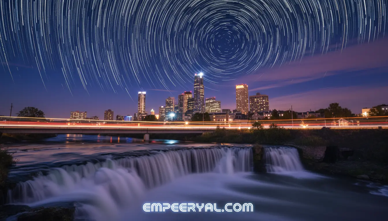Mesmerizing circular star trails above a lit cityscape, bridge with light streaks, and a smooth, long-exposure waterfall.