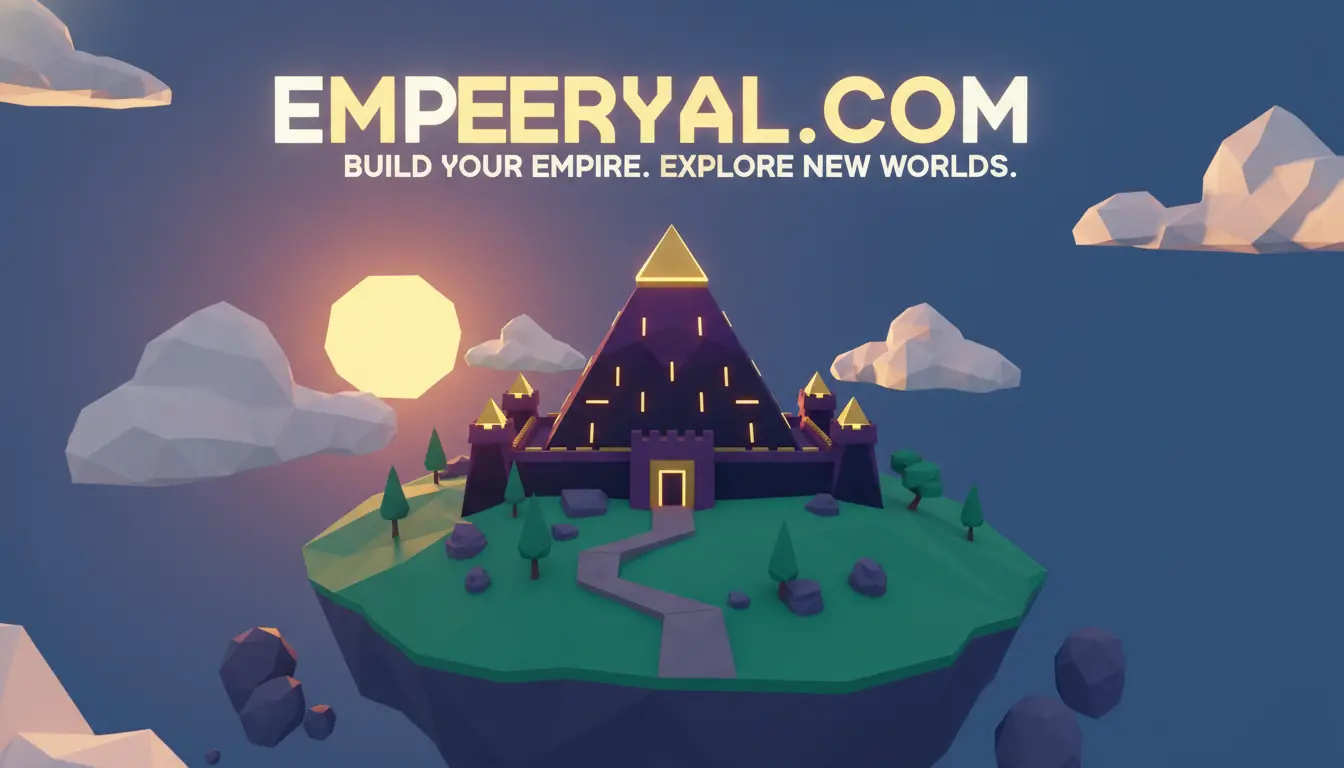 EMPEERYAL.COM: BUILD YOUR EMPIRE. EXPLORE NEW WORLDS. Low-poly pyramid castle on floating island at sunset.