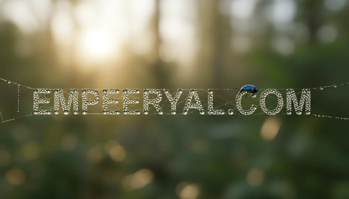 EMPEERYAL.COM" spelled by dewdrops on a spiderweb, with a blue beetle on the ".C". Blurry sunny forest background.