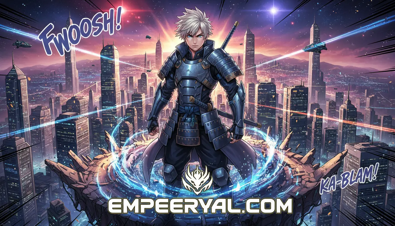White-haired anime samurai in dark armor on a glowing platform, overlooking a futuristic cityscape with flying vehicles. EMPEERYAL.COM.