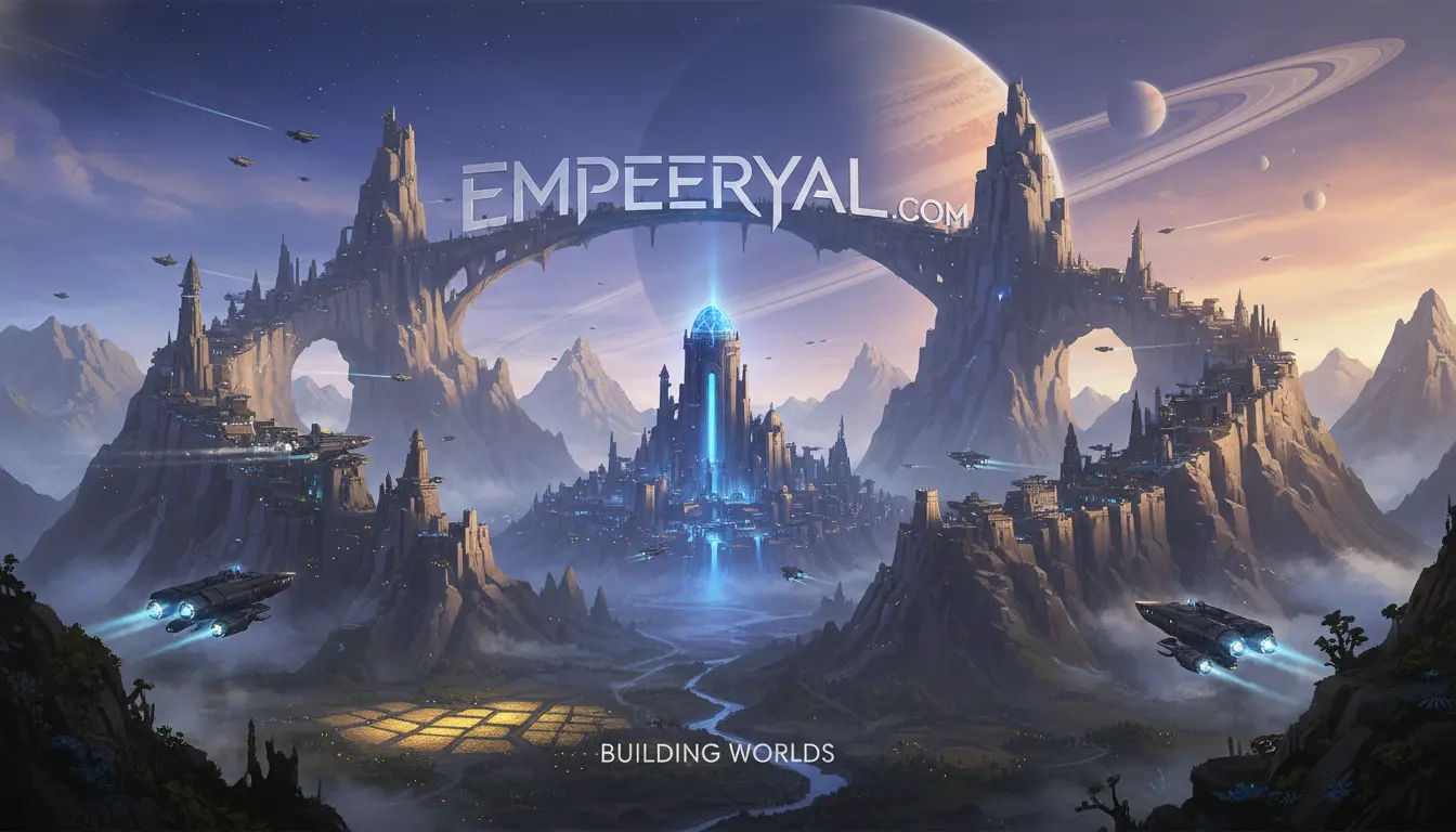 EMPEERYAL.COM arches over a futuristic mountain city with a glowing tower, flying ships, & ringed planet. Tagline: BUILDING WORLDS.
