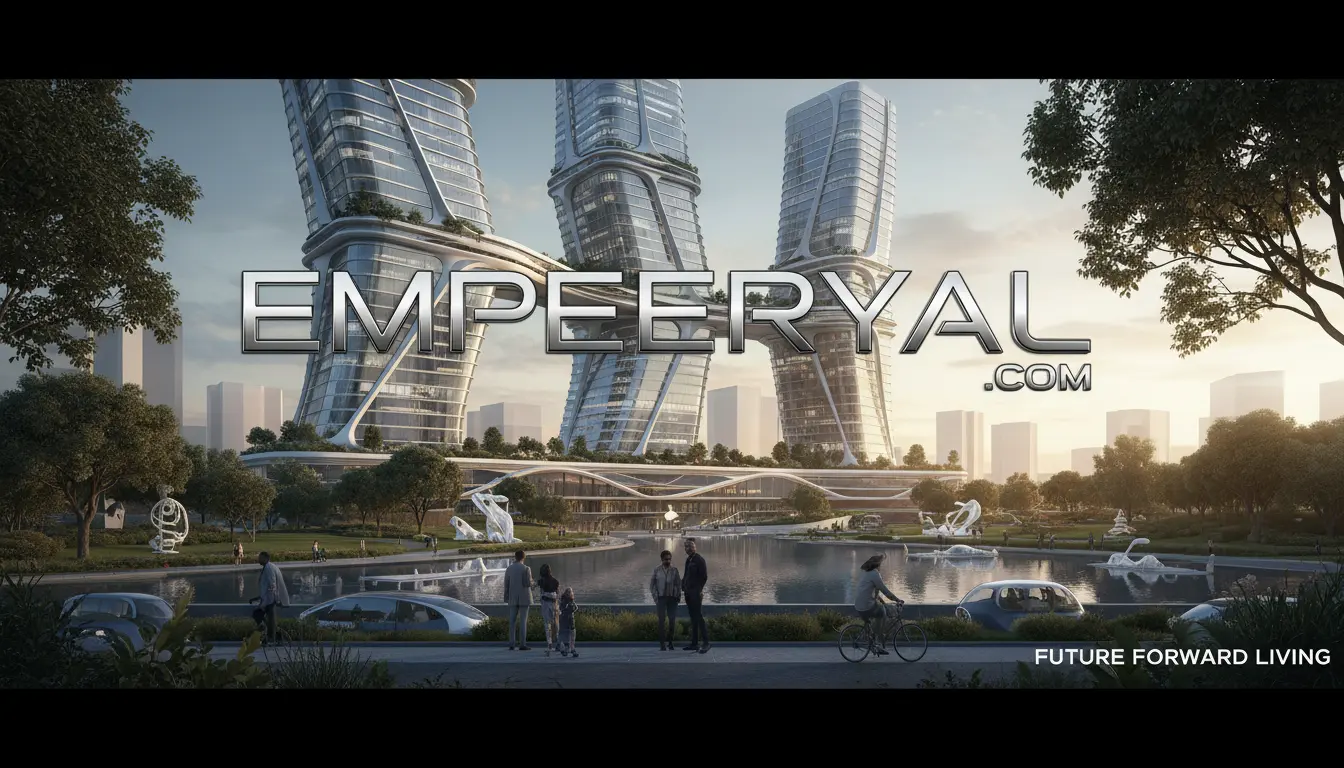Futuristic city render: 3 curved skyscrapers linked by skybridges, park with lake, people, & "EMPEERYAL.COM".
