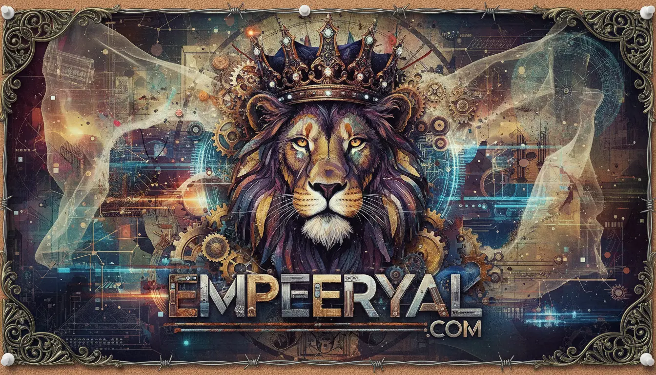 Steampunk lion king art: A majestic crowned lion head with gears, circuitry, and ethereal wings. Text: EMPEERYAL.COM.