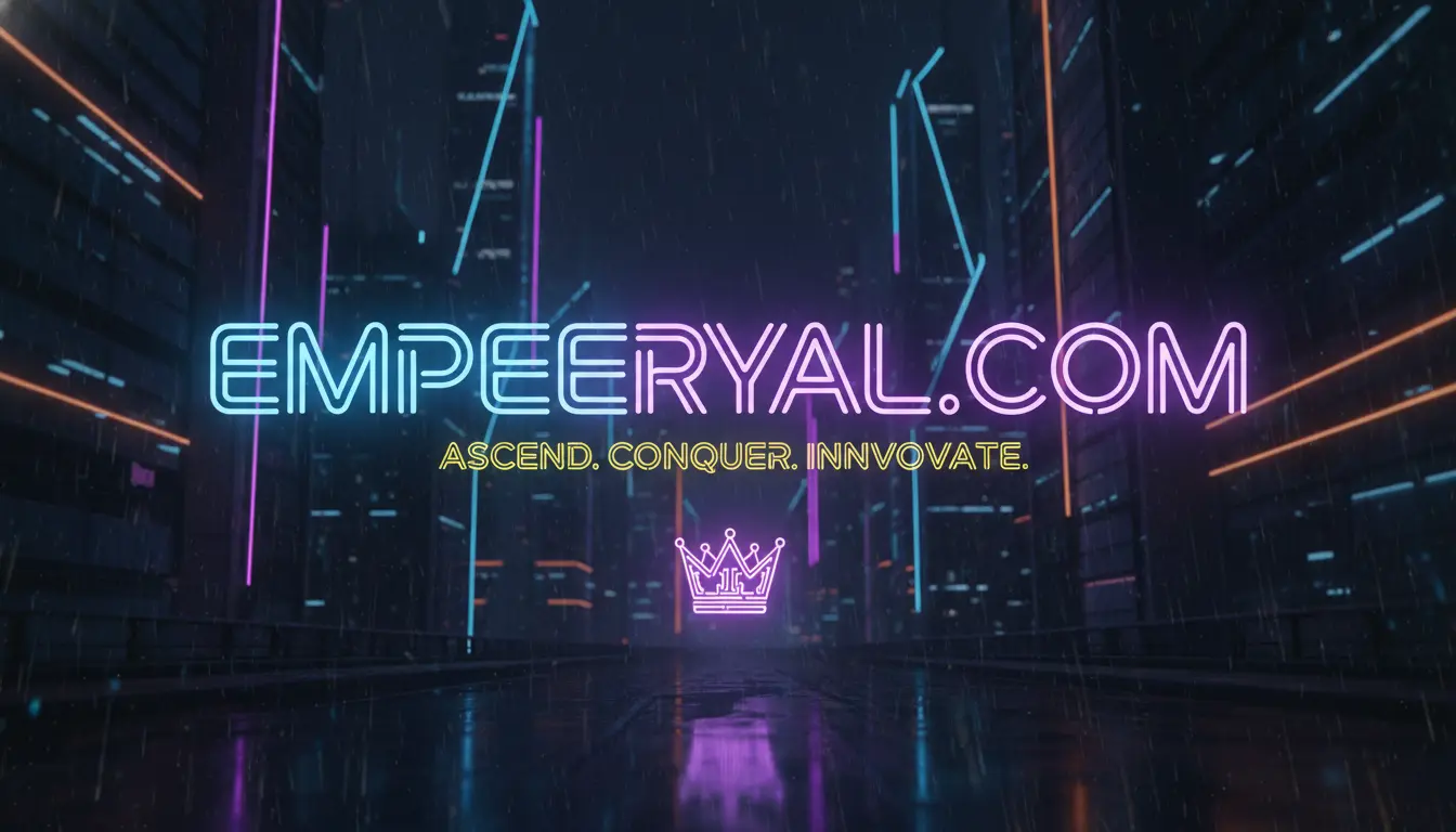 Neon "EMPEERYAL.COM", "ASCEND. CONQUER. INNOVATE." & crown in a rainy, cyberpunk city with reflections.