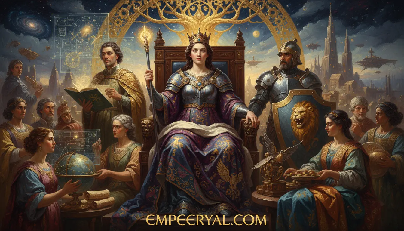 Crowned queen in armor on throne, flanked by scholar & knight, surrounded by diverse figures, in a blend of ancient & sci-fi.