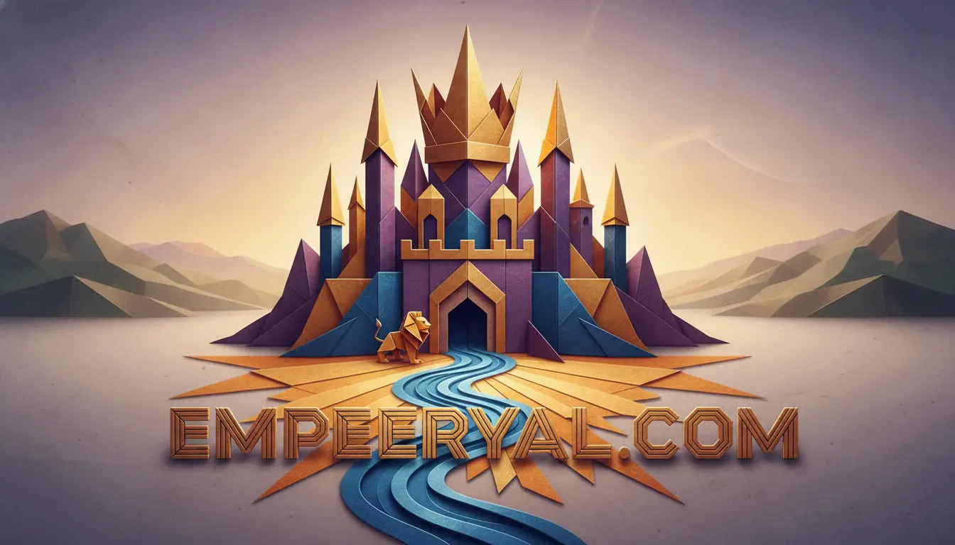Vibrant papercraft castle with a golden crown, lion, blue river, & mountains. Text: EMPEERYAL.COM.
