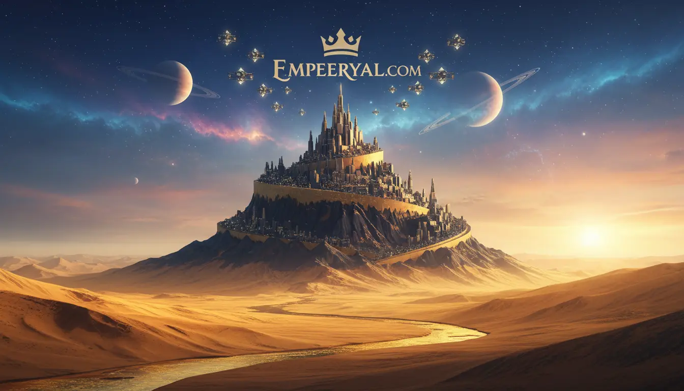 Spiraling city on a desert mountain with a river. Cosmic sky has ringed planets, spaceships, and the EMPEERYAL.COM logo.