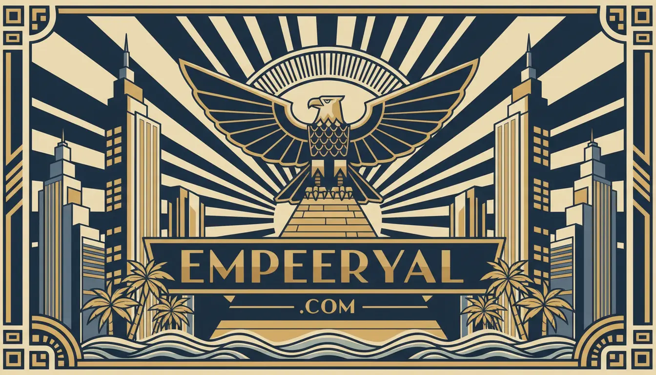 Art Deco illustration: eagle on pyramid, city skyscrapers, palm trees, sunburst. Text: EMPEERYAL.COM.