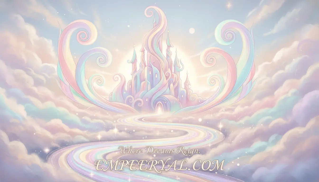 Dreamy pastel castle with rainbow swirls & a winding path leading through soft clouds. Text: Where Dreams Reign. EMPEERYAL.COM
