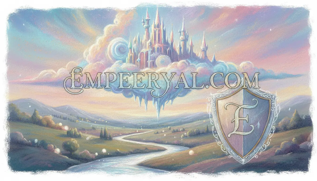 Pastel fantasy art: A floating castle on clouds above a valley with a river. Text: EMPEERYAL.COM & an E-shield logo.