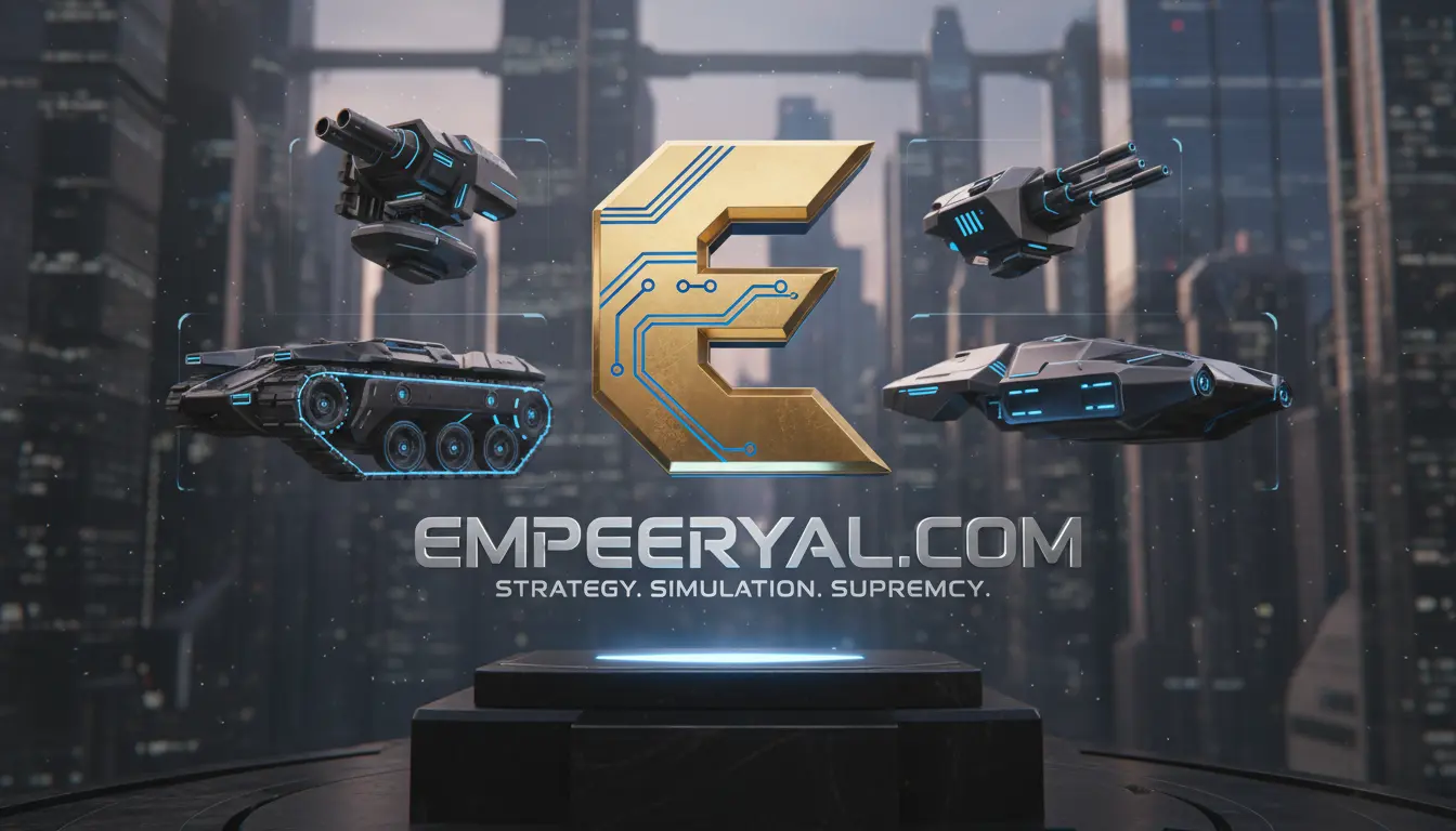 Golden circuit 'E' with futuristic tanks & turrets, glowing blue, over sci-fi city. Empeeryal.com: Strategy. Simulation. Supremacy.
