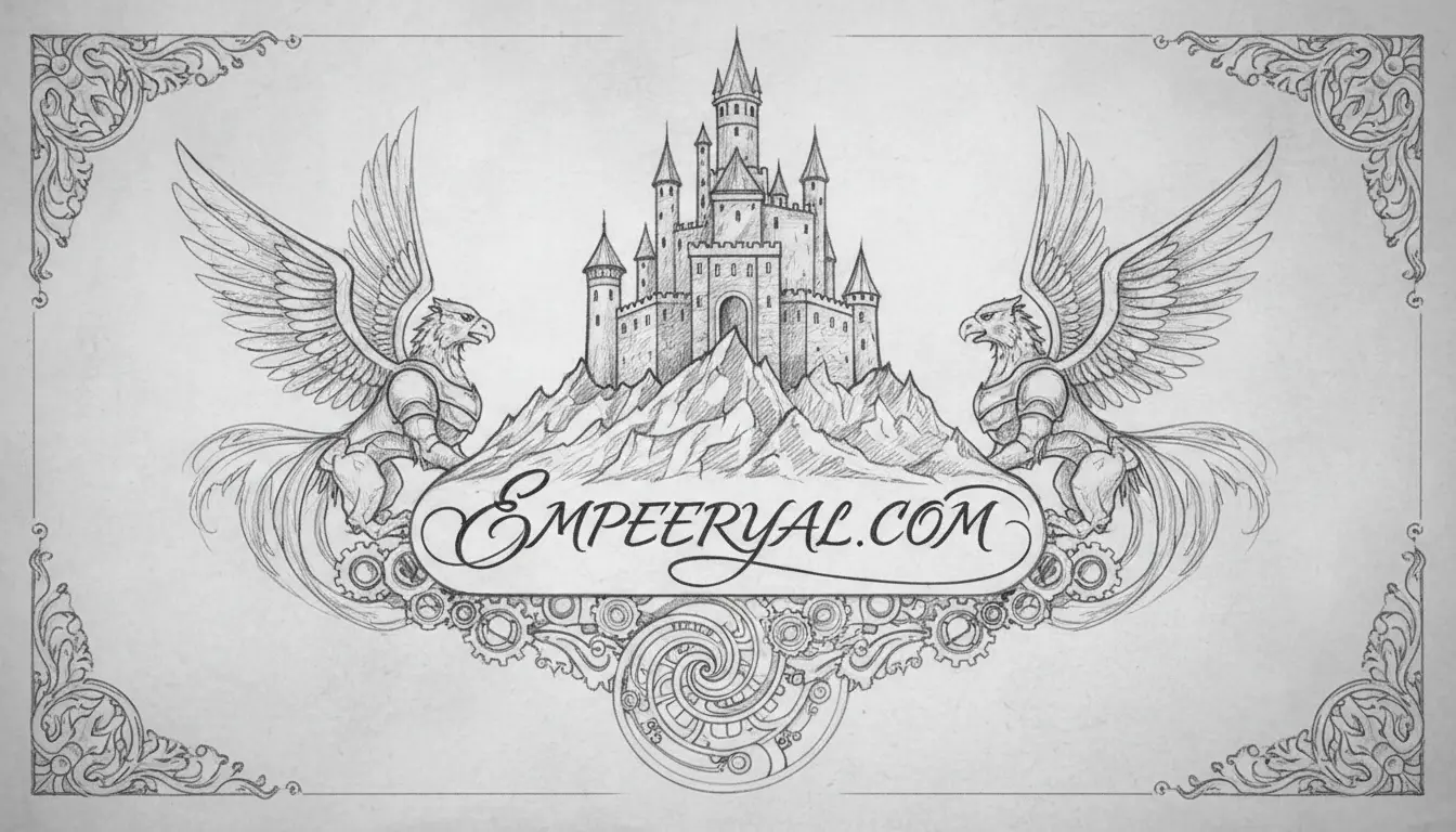 Sketch of a castle on a mountain flanked by griffins. Banner with 'EMPEERYAL.COM' over gears and spiral design.