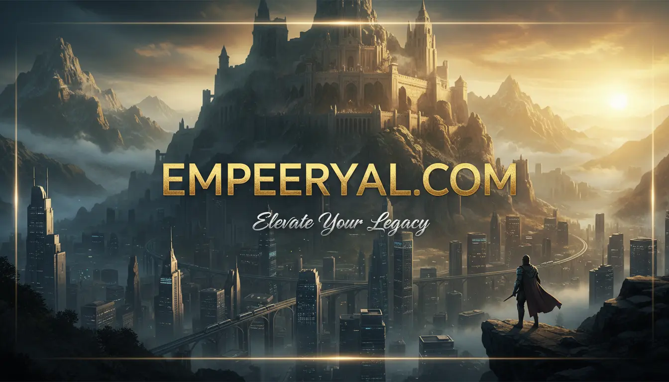Warrior on cliff overlooks futuristic city with ancient castle in mountains. Text: EMPEERYAL.COM, Elevate Your Legacy.