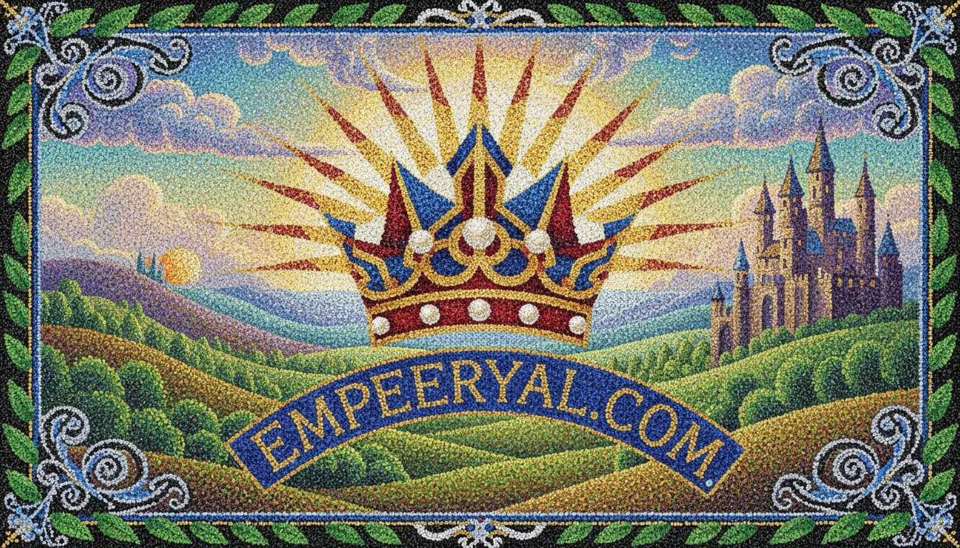 Pointillist artwork: A regal crown with sunburst over rolling hills, a castle, and "EMPEERYAL.COM" banner. Ornate frame.
