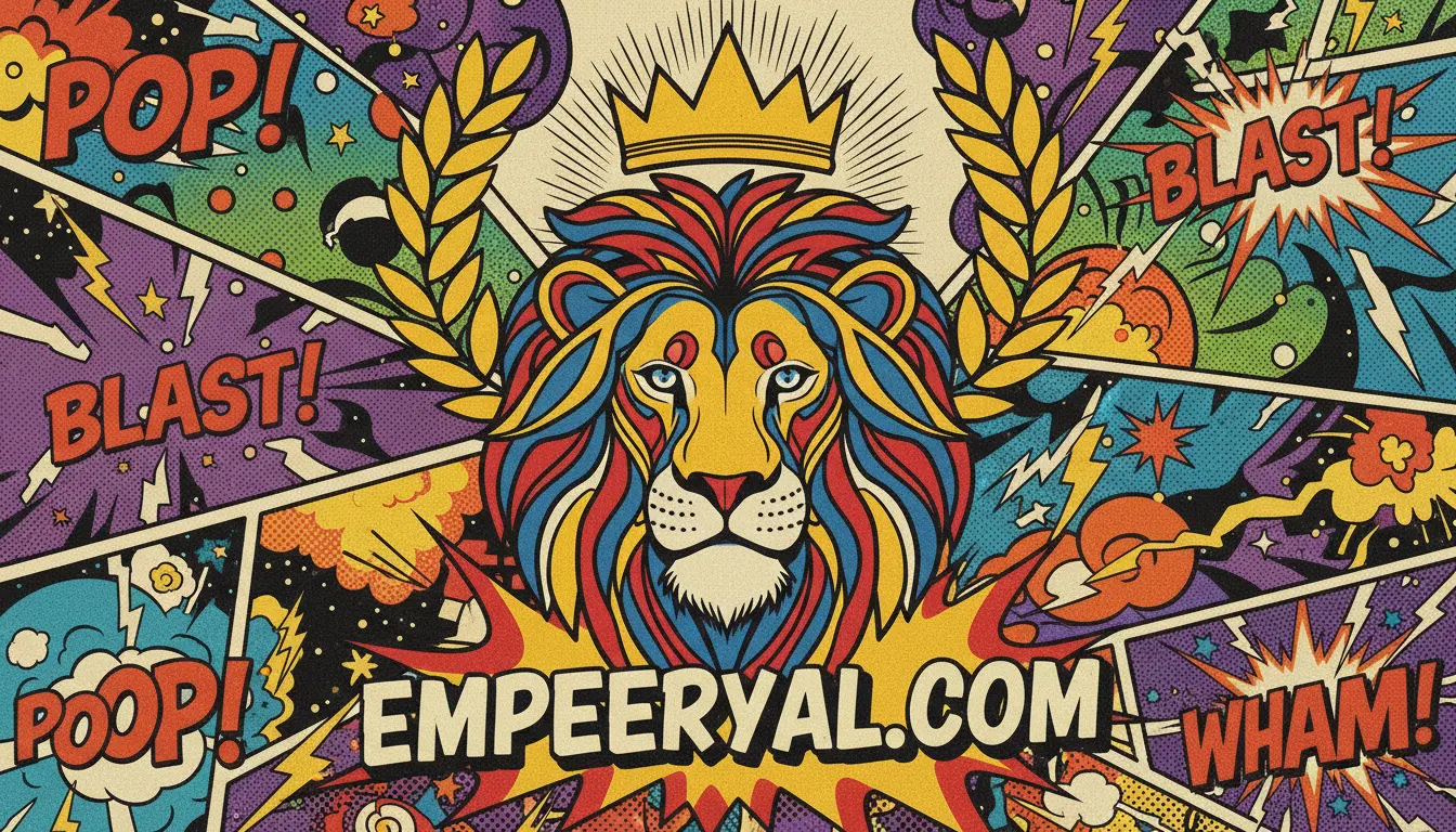 Pop art comic collage: crowned multicolored lion surrounded by panels with "POP!", "BLAST!", "WHAM!" & "EMPEERYAL.COM".