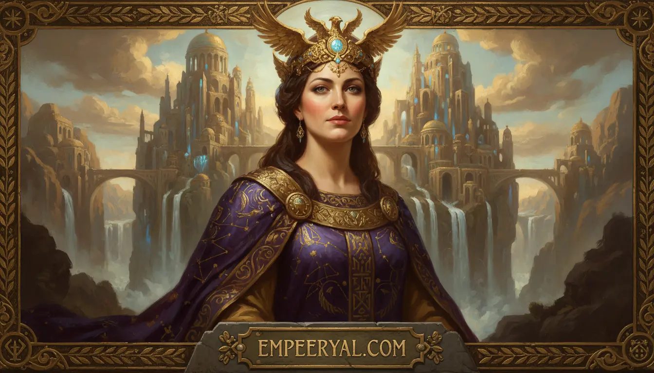 Regal woman in winged crown & purple gown before a majestic cliffside fantasy city with waterfalls, in ornate frame.