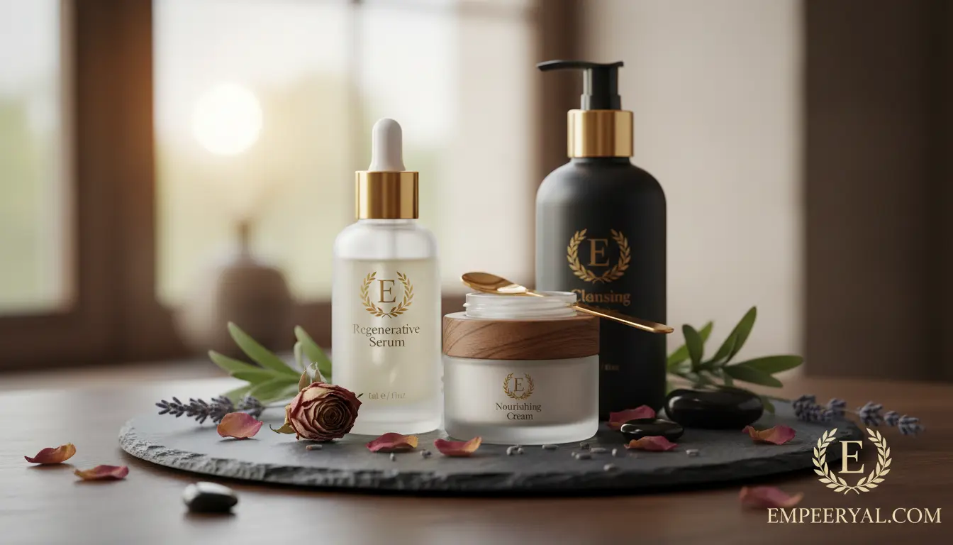 Three luxury skincare products (serum, cream, cleanser) on a slate tray with natural elements by a bright window.