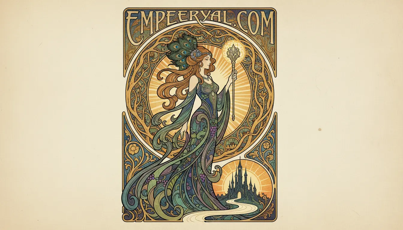Art Nouveau poster: Woman with peacock feathers, glowing staff, flowing gown. Castle below. EMPEERYAL.COM text.