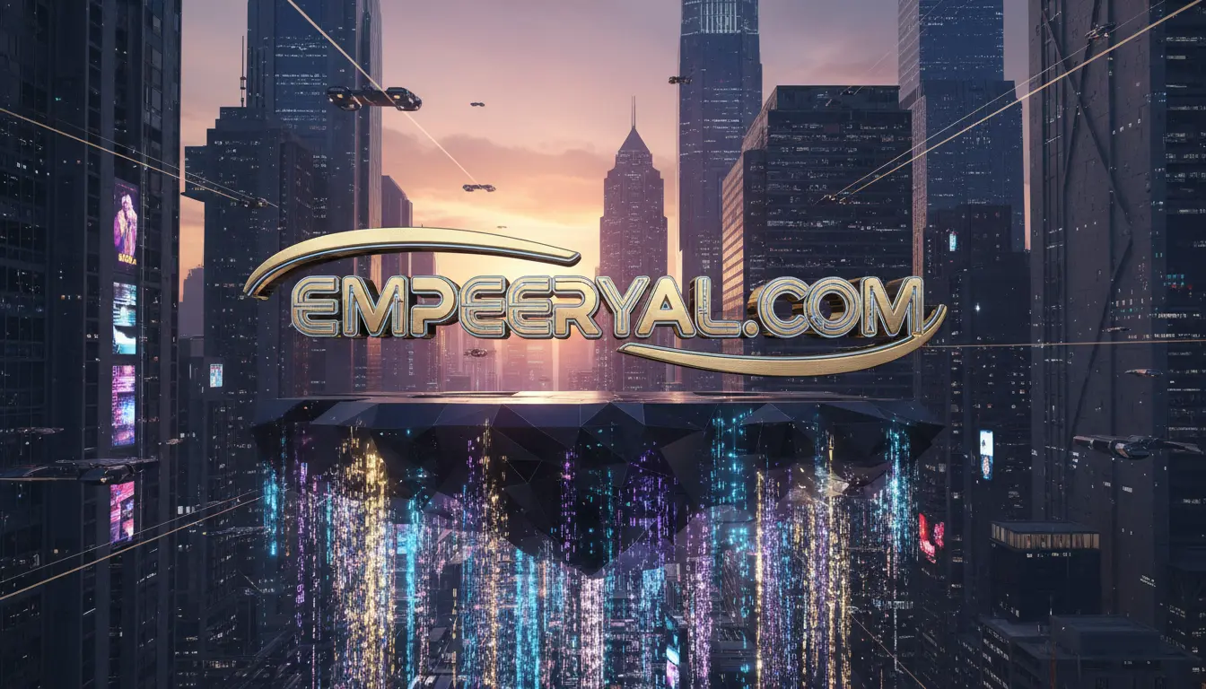 Gold EMPEERYAL.COM text floats over a futuristic city with flying cars and a glowing platform reflecting digital light.