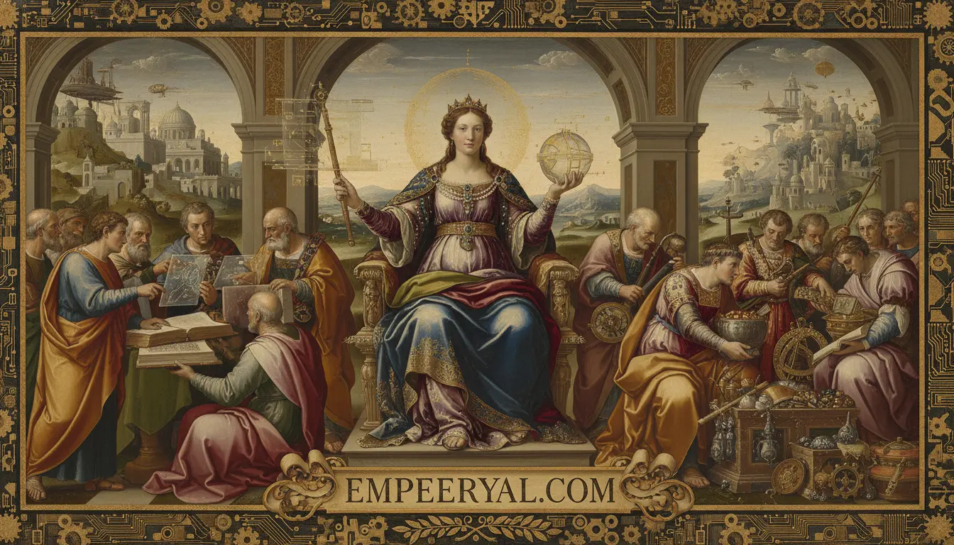Renaissance-style painting: Queen with scepter & globe, surrounded by scholars, against steampunk cities. Frame of circuits & gears.