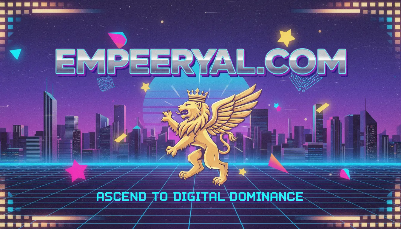 Synthwave ad: EMPEERYAL.COM in chrome text, golden winged lion with crown, cityscape. Slogan: ASCEND TO DIGITAL DOMINANCE.