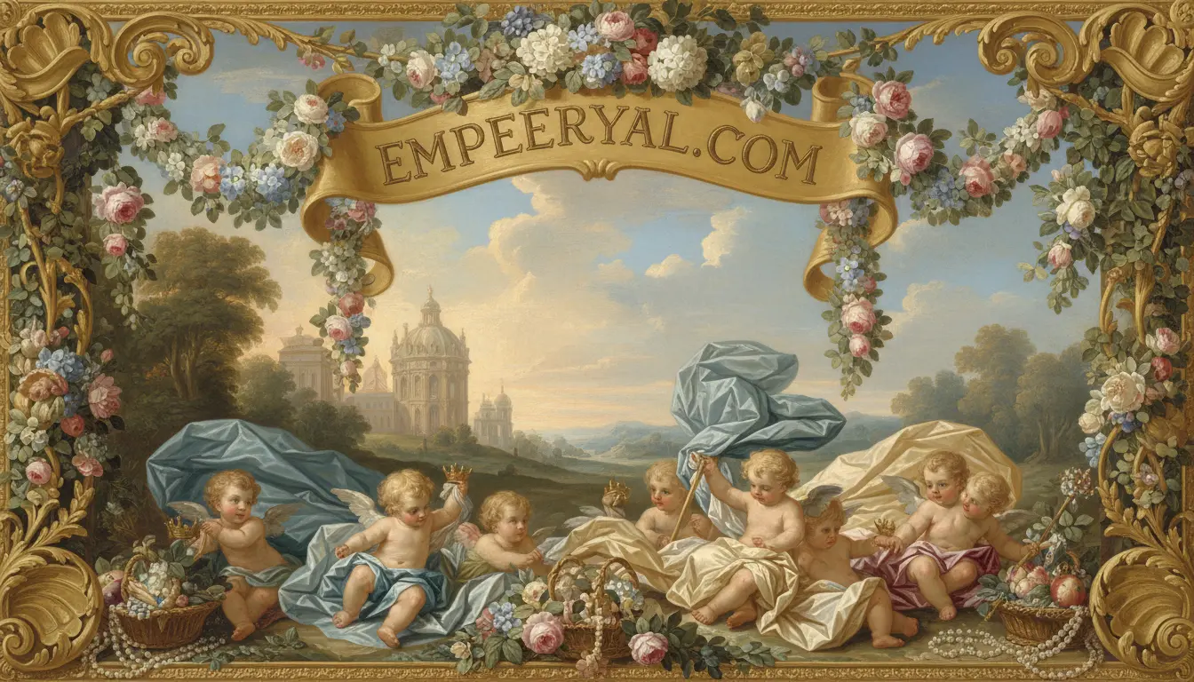 Ornate Rococo painting: 8 cherubs among flower garlands, a landscape with distant palaces. Banner at top: EMPEERYAL.COM.