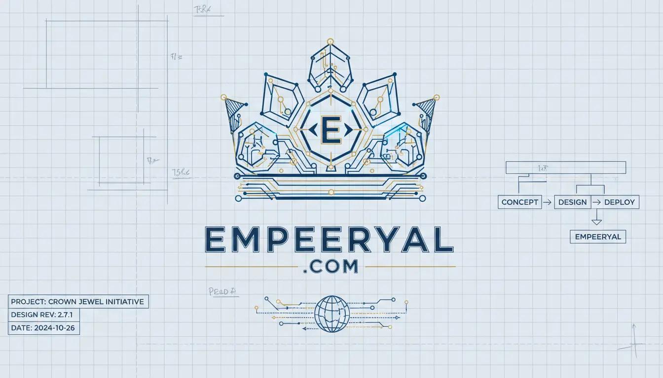 Blueprint for EMPEERYAL.com. Circuit crown logo with 'E', workflow, and project details on a grid background.
