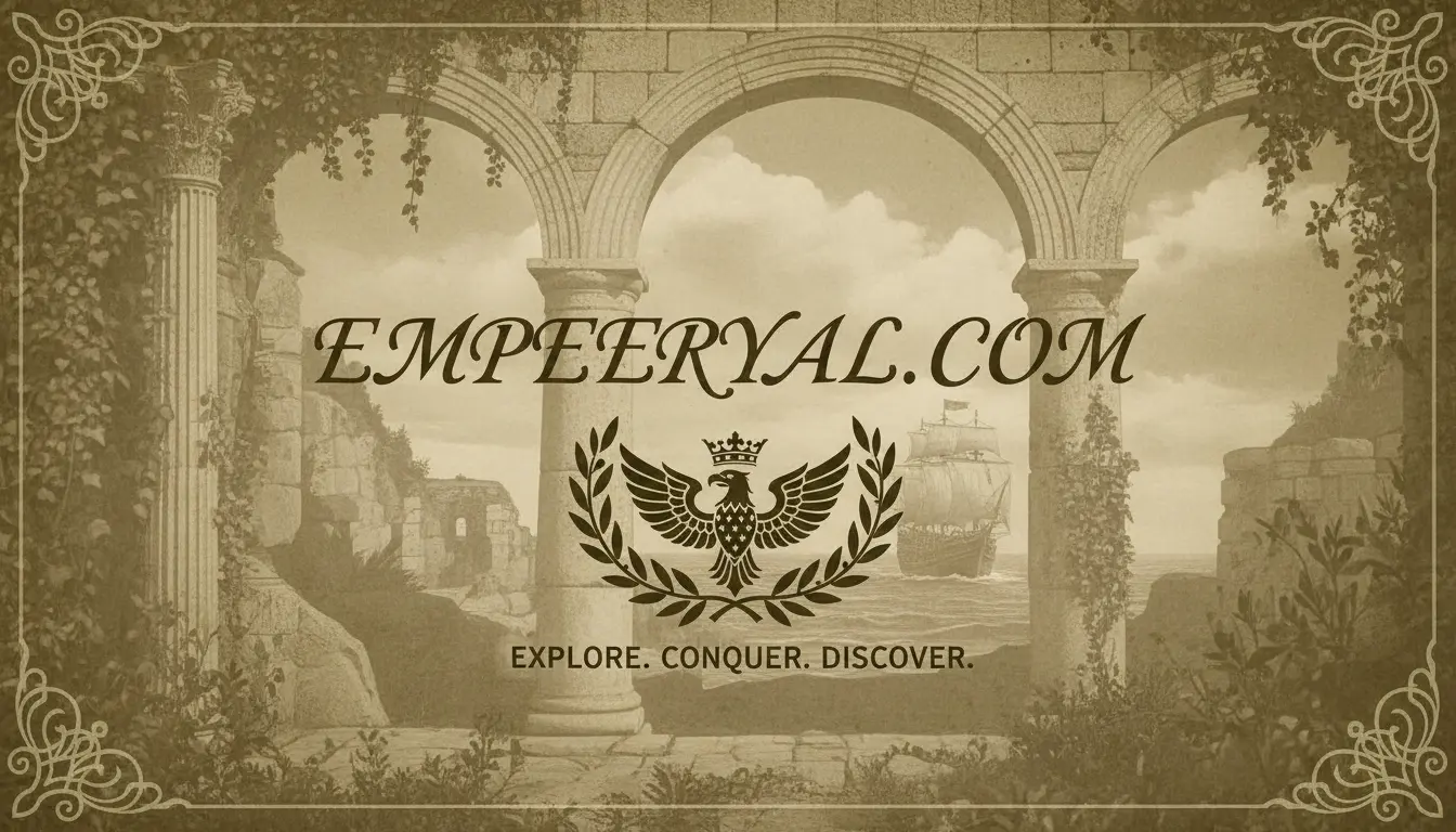 Sepia-toned illustration: classical arches, ruins, sailing ship. EMPEERYAL.COM. Crowned eagle crest. EXPLORE. CONQUER. DISCOVER.